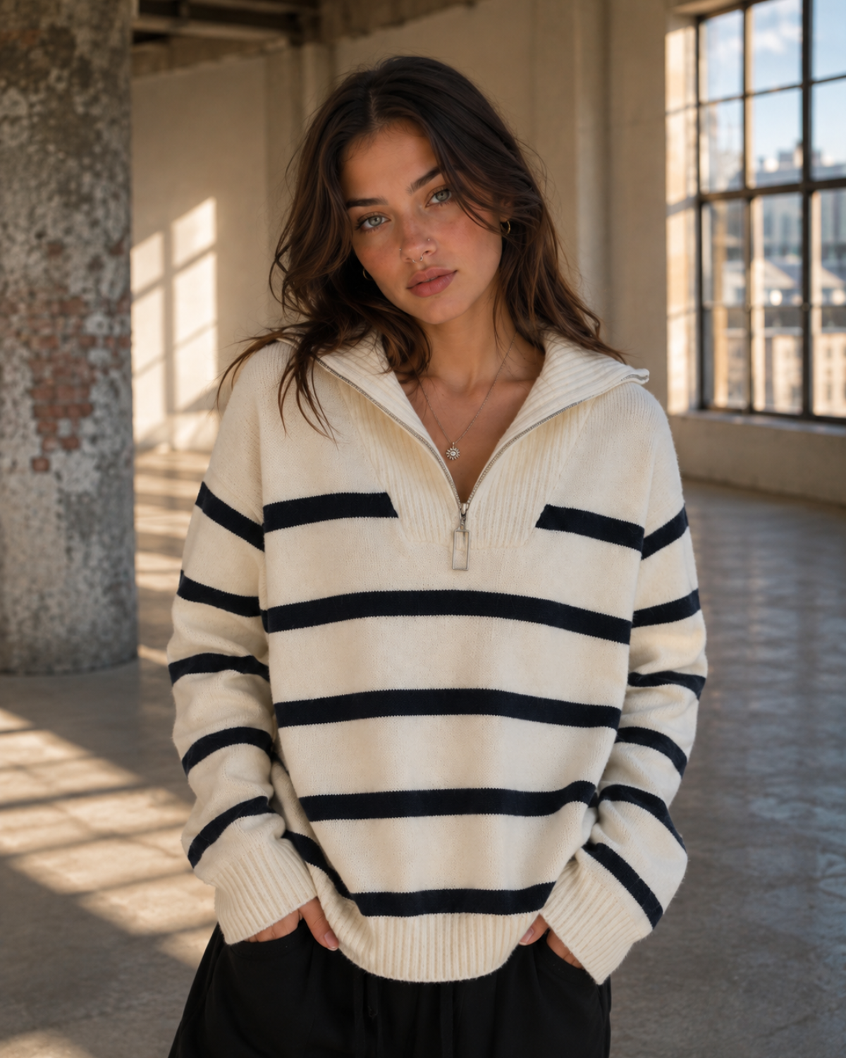 Sofia Striped Quarter-Zip Knit Sweater