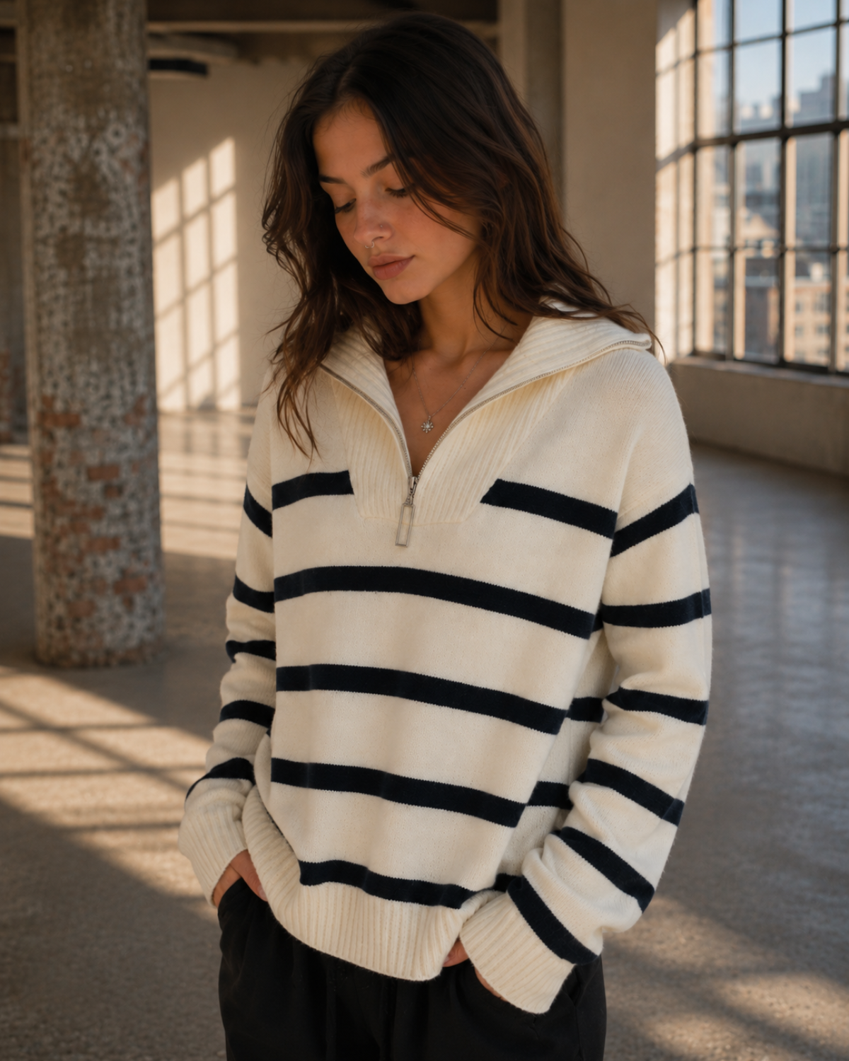 Sofia Striped Quarter-Zip Knit Sweater