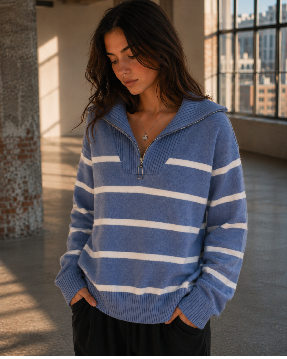 Sofia Striped Quarter-Zip Knit Sweater