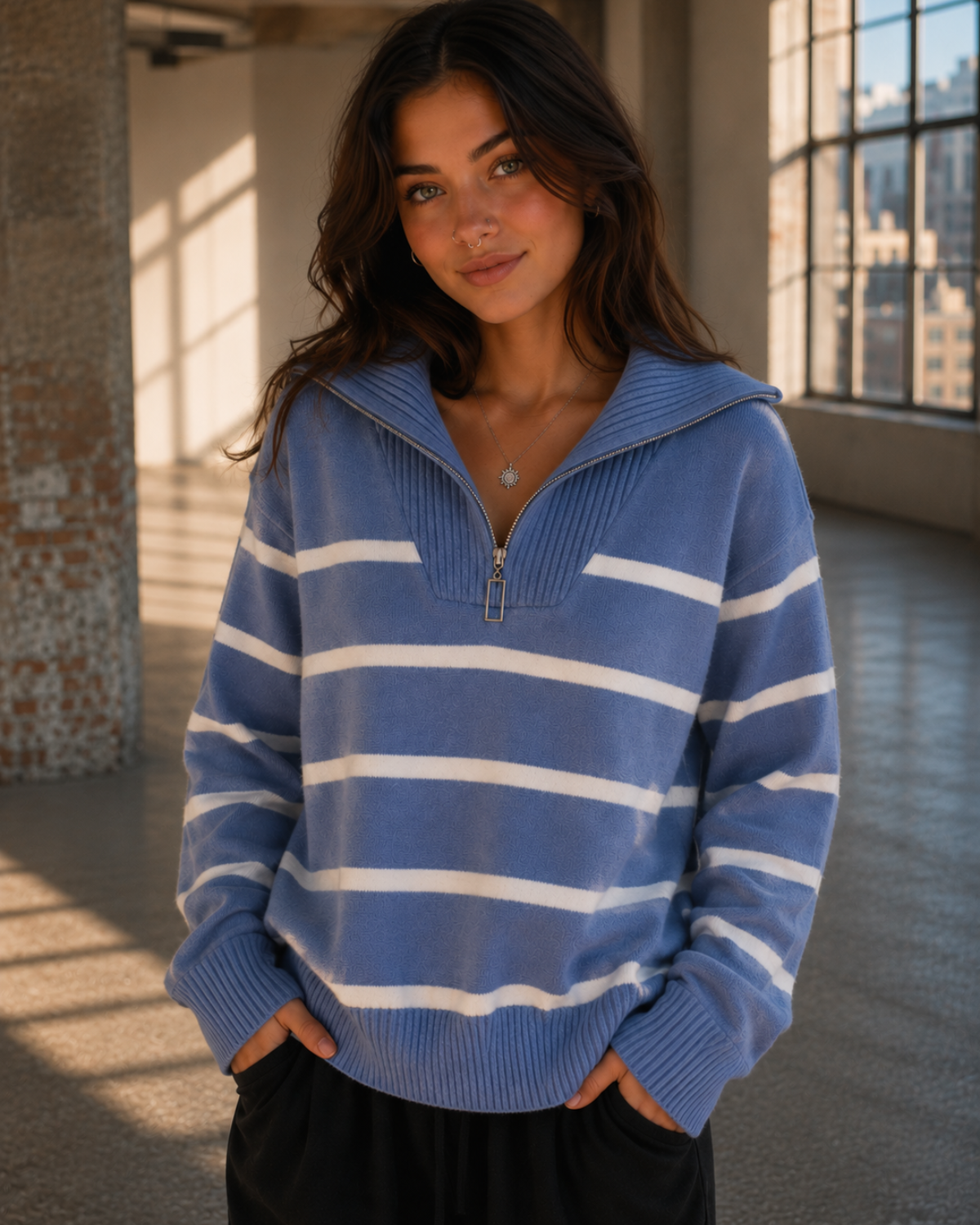 Sofia Striped Quarter-Zip Knit Sweater